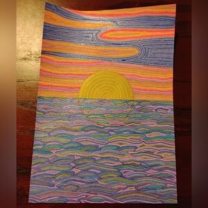 Unique One Of A Kind Handmade Ocean Sunset Gell Pen Art Card Size 7"x10" NWOT